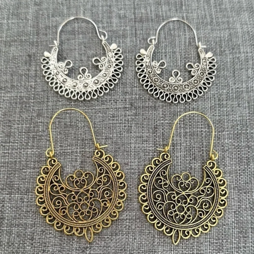 Gold Silver Tone Filigree Drop Earrings 2 Pairs 20 Earrings NEW Chunky Statement - Picture 3 of 9